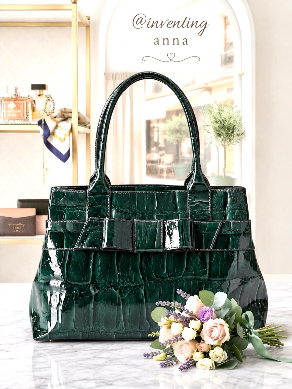 ♠️ Emerald Green Croc-Embossed Patent Leather Tote with Purse Scarf